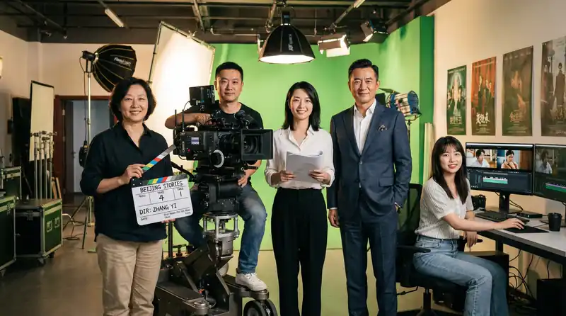天美传媒专业影视制作团队在现代化摄影棚中合影，展示导演、摄影师、编剧、制片人和剪辑师