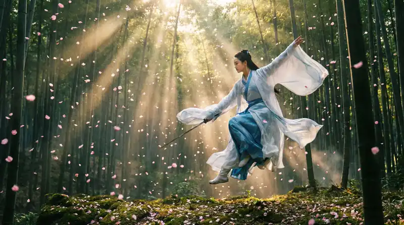 天美传媒精彩影片预告片画面，竹林中女侠飞身舞剑